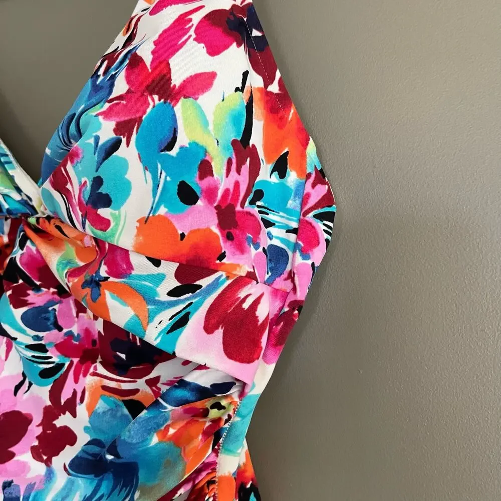 Swim Solutions Twist Bodice Allover‎ Slimming One-Piece Swimsuit Size 12 Floral - Picture 9 of 16